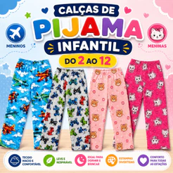 Kit C/ 3 Calças de Pijama Lisas ou Estampada Infantil Menina e Menino de Elanca