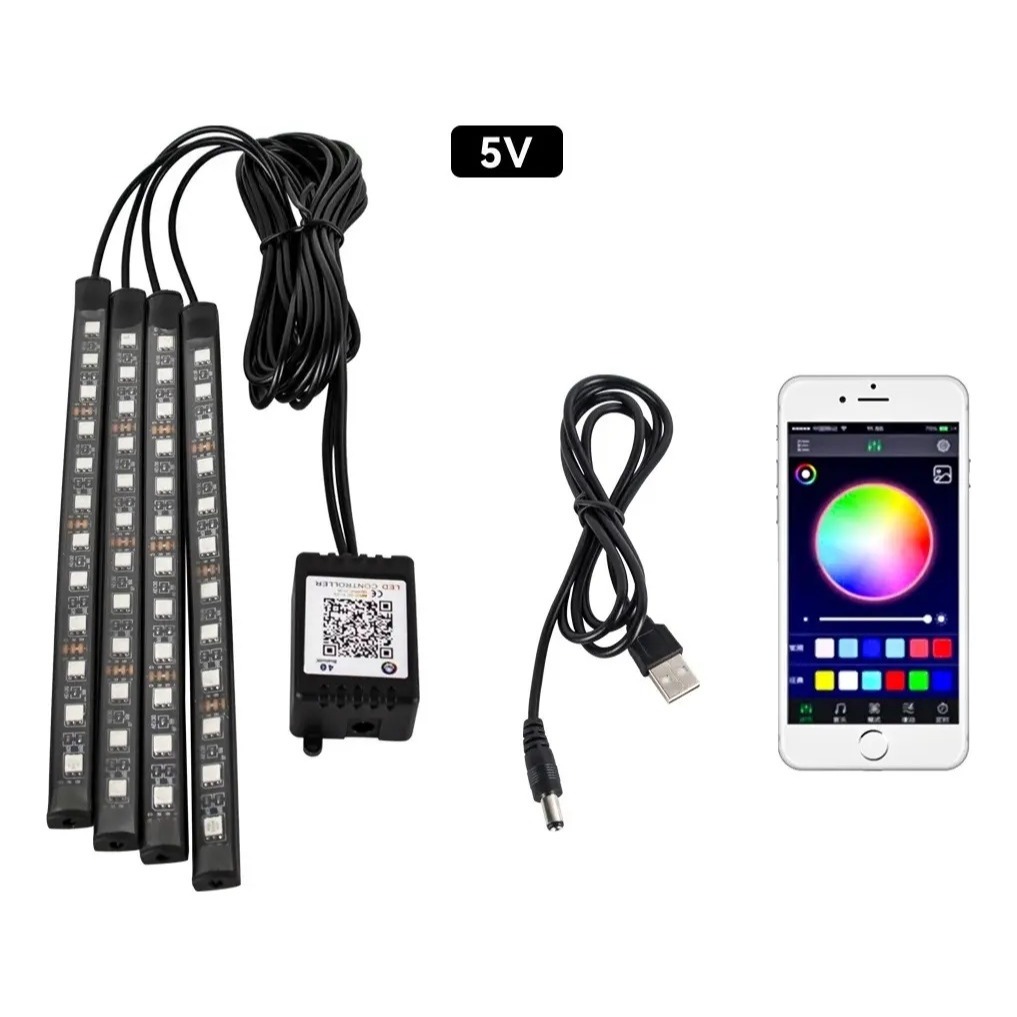 Kit Iluminação Interior Carro Luz Led Aplicativo Entrada Usb