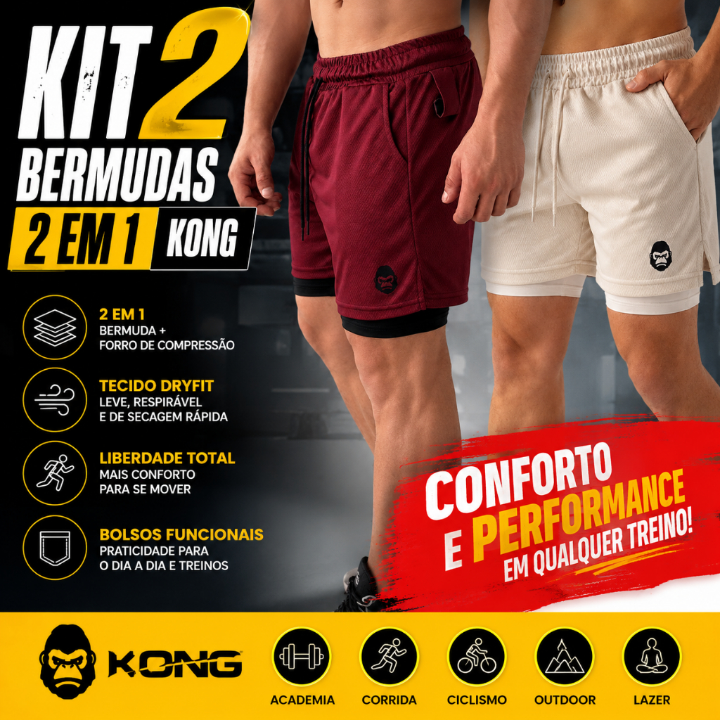 Kit 2 Bermuda Masculina 2 em 1 KONG Performance, Conforto e Tecnologia Para Alto Desempenho