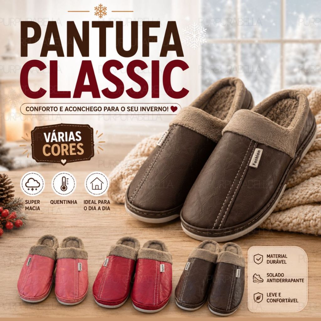 Pantufa Classic Unissex Pelúcia Quentinha Antiderrapante Inverno Confortável para Casa Adulto