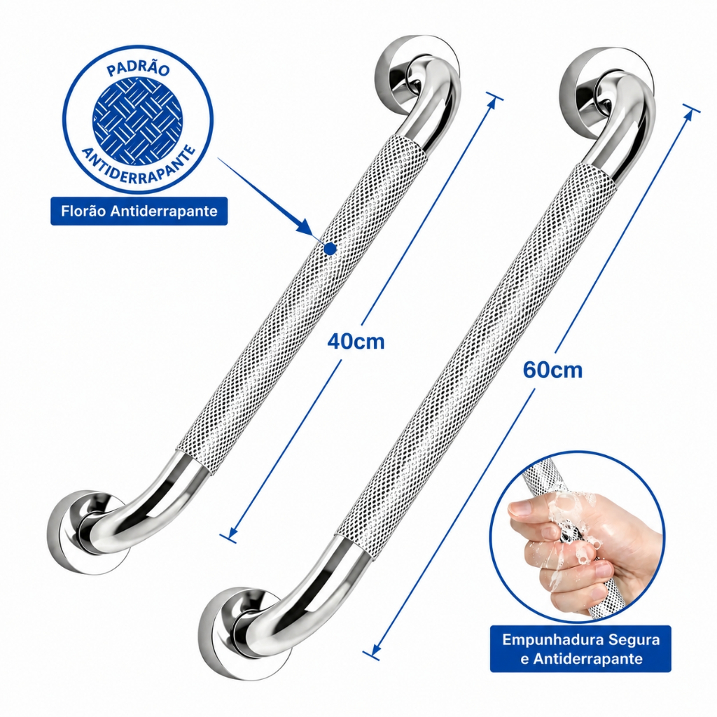 Kit 4 Barras de Apoio Inox Antiderrapante p/ Banheiro (40 e 60cm) - Acessibilidade segura para idosos Yesop