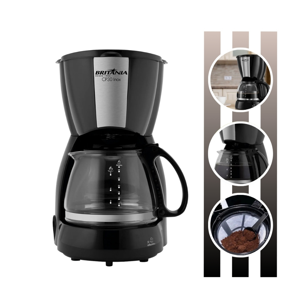 Cafeteira Elétrica 30 Cafés CP30 Inox Preta 800W Britânia