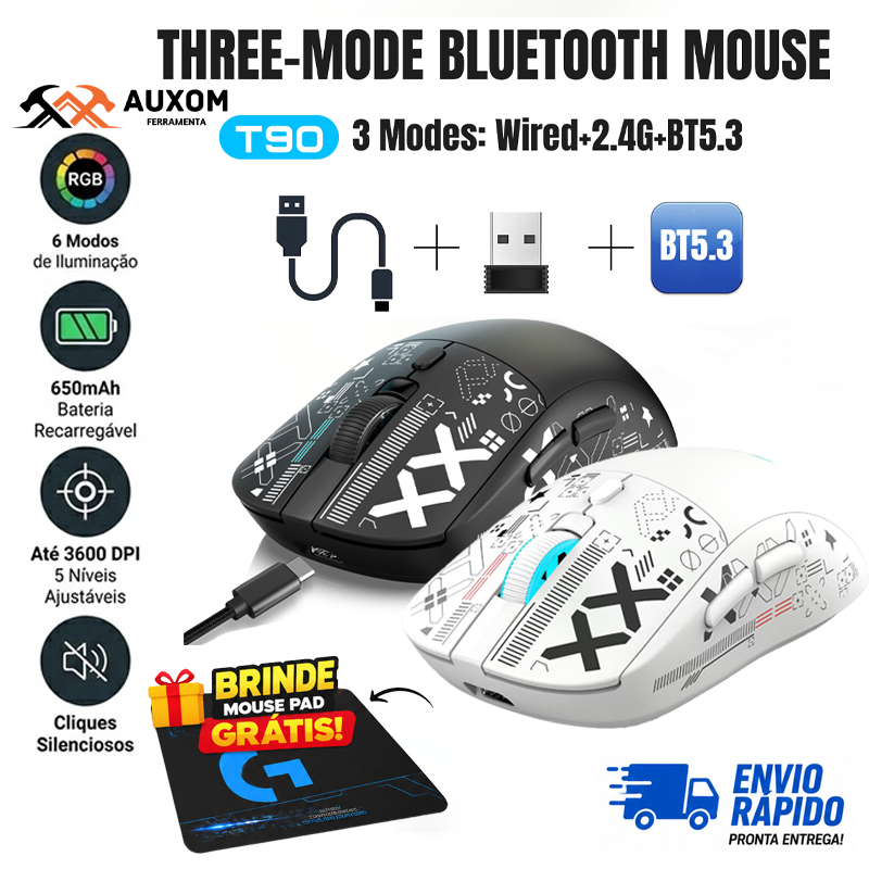 Mouse Gamer Sem Fio Bluetooth RGB Recarregável T90 2.4G USB 3600 DPI Silencioso Ergonômico Com Mouse Pad