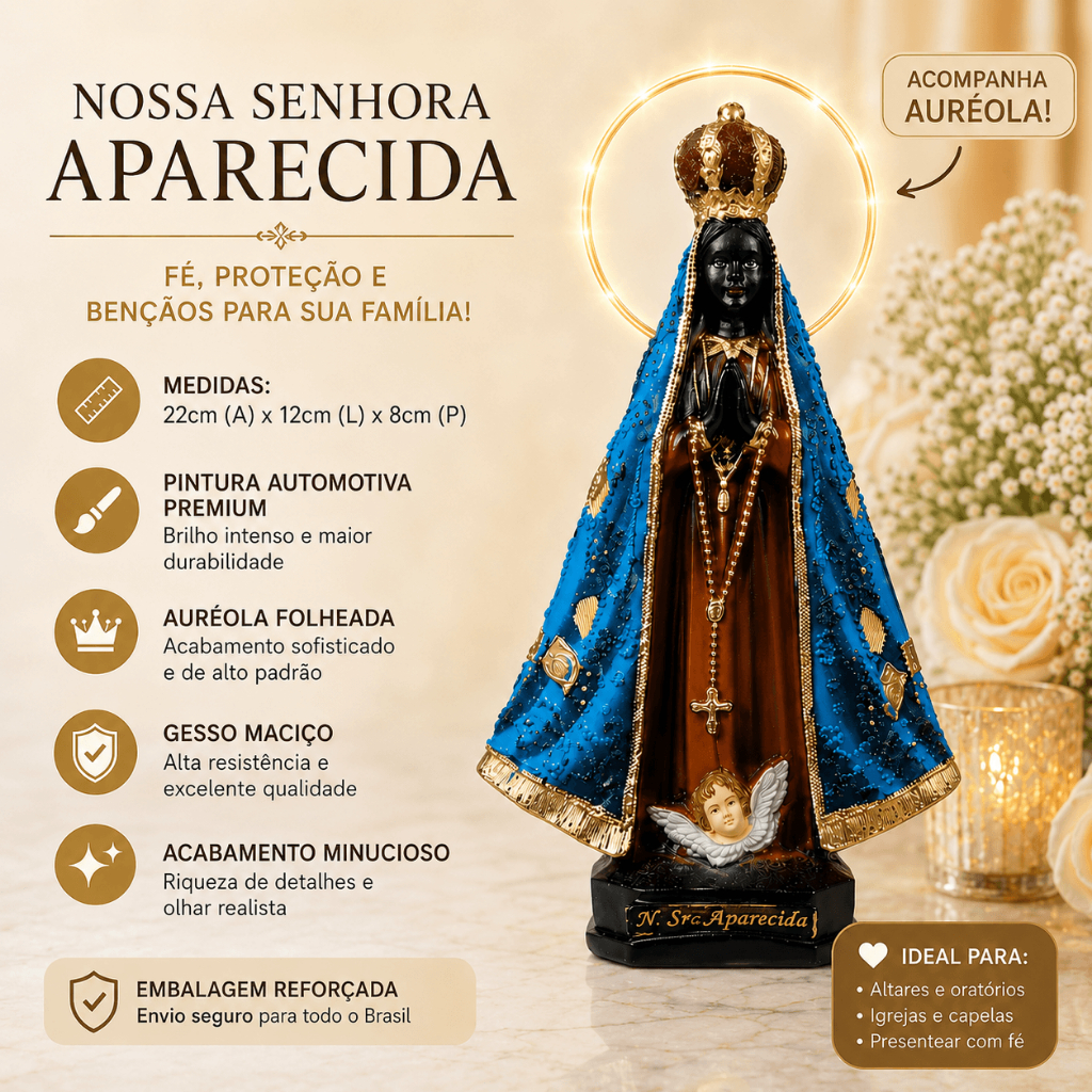 Imagem de Nossa Senhora Aparecida Acabamento Premium com Auréola Folheada tamanho pequeno 22cm