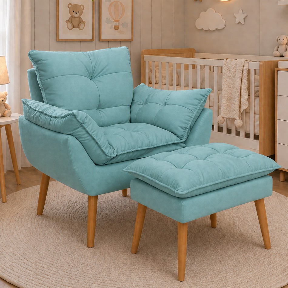 Poltrona Amamentação Kit Com Puff Para Sala Quarto de Bebê em Tecido Suede Pés Palito - Gf Móveis
