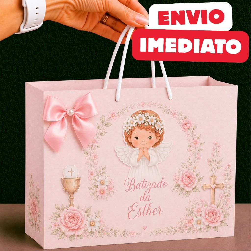 Sacolinha Surpresa Batizado Eucaristia Menina Rosa | Personalizada Bolsinha | Lembrancinha Festa