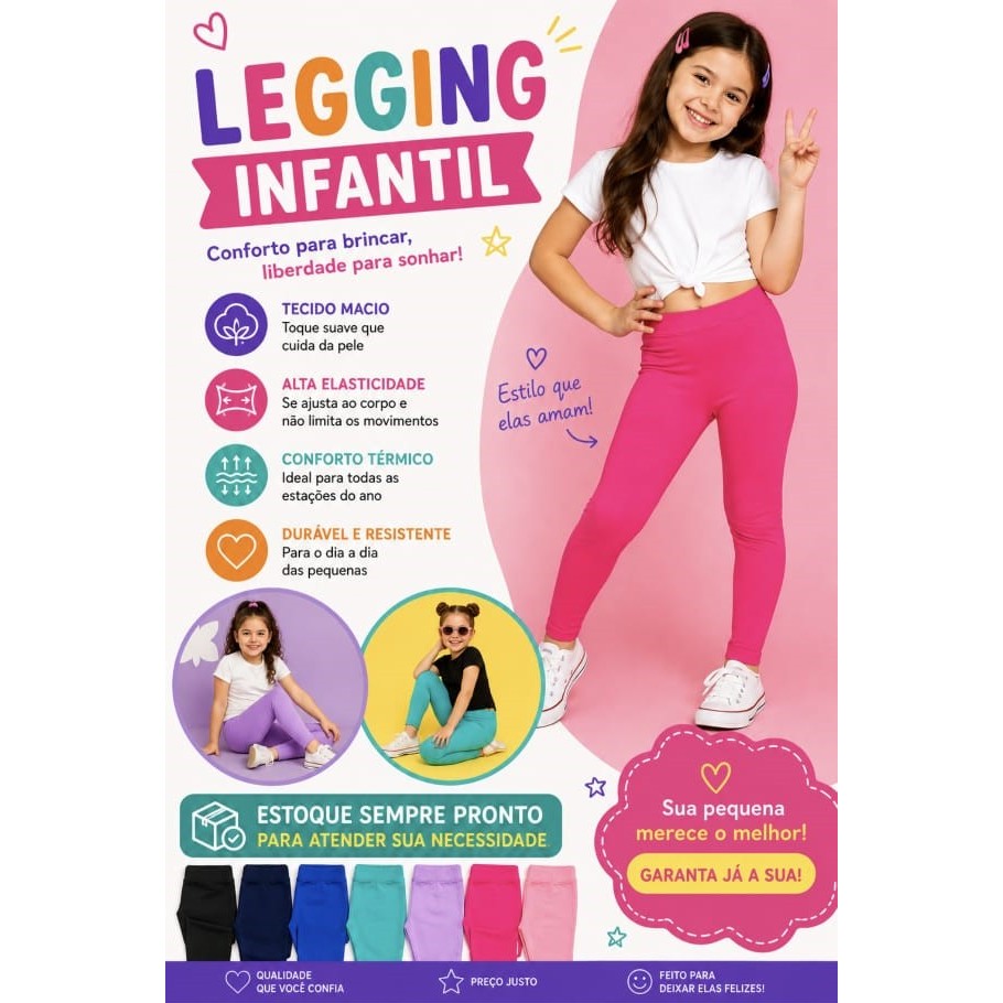 kit Calça Legging Infantil Menina Cintura Alta Confortável Lisa e Estampada Sortidos