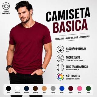 Camiseta Masculina de Algodão Lisa Vinho Básica Casual Premium Dia a Dia Tribo