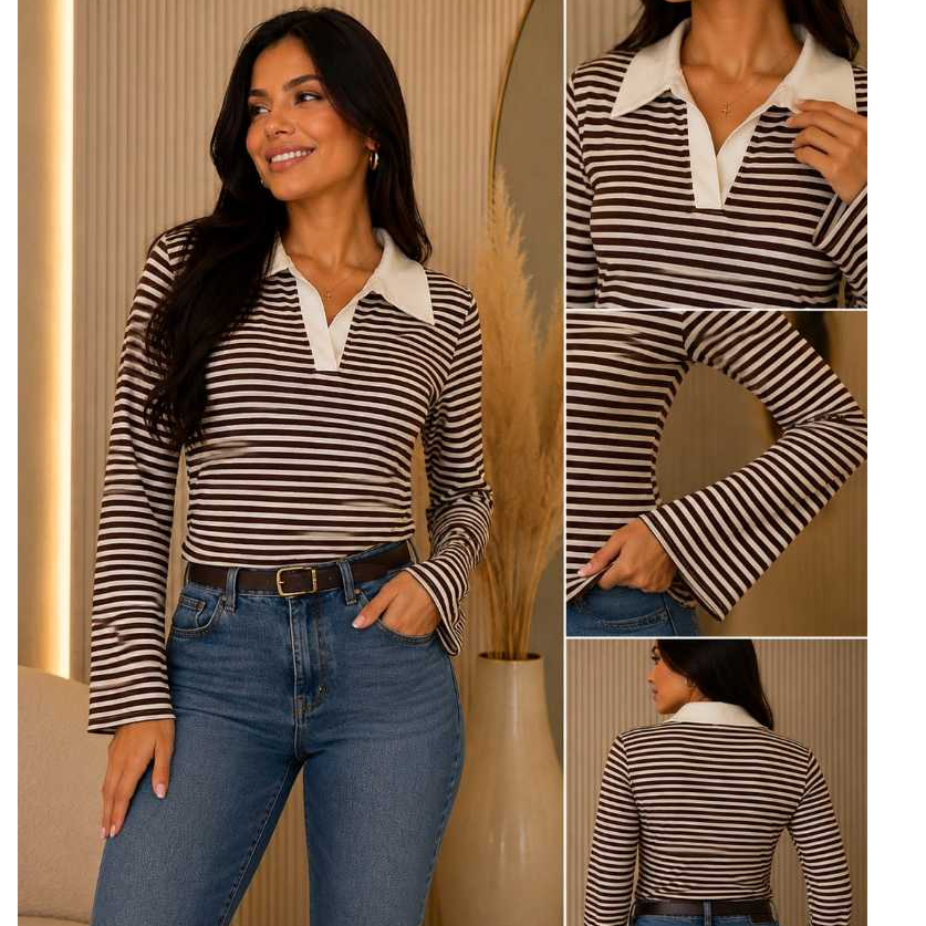 Blusa Estilosa Moda Feminina Casual Roupa Elegante Blusa Polo Listrada Blusa Manga Longa Confortável
