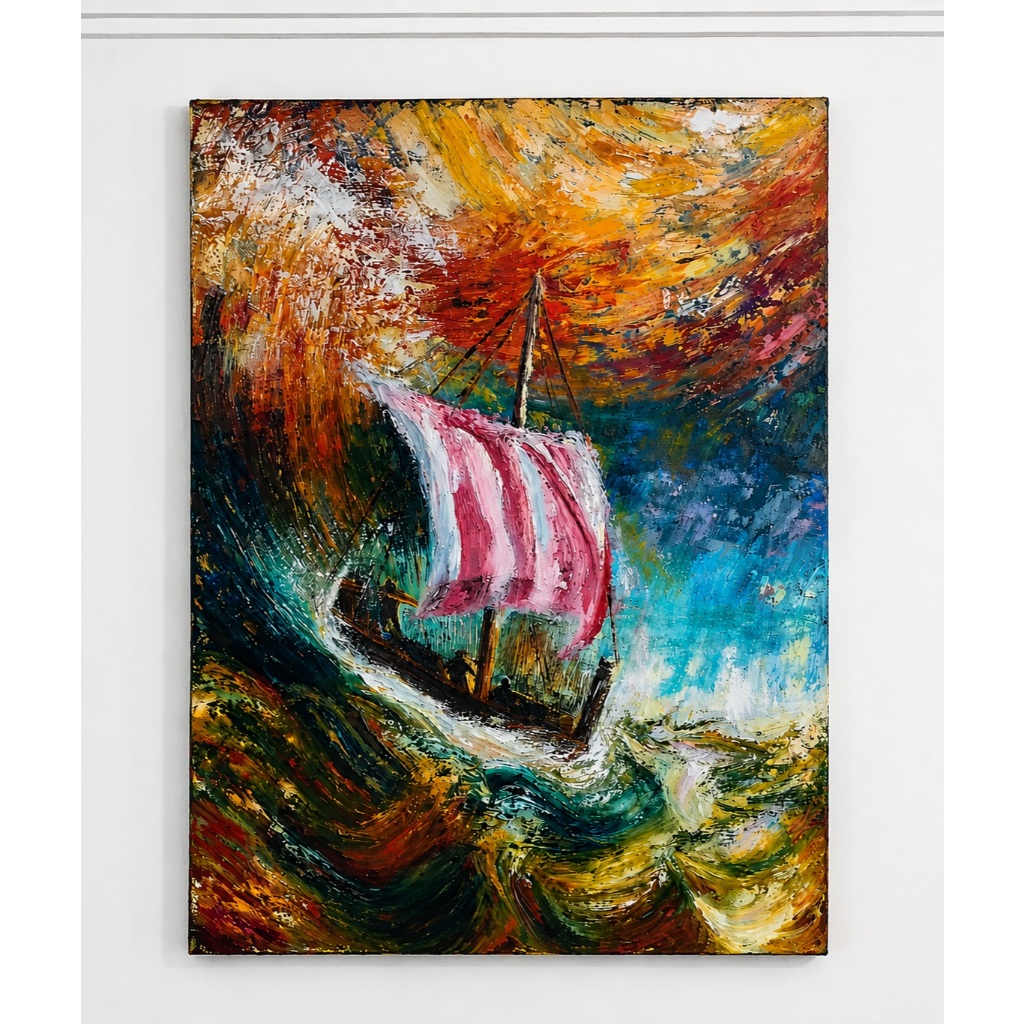 Quadro Decorativo Pintado à Mão em Tela Barco na Tempestade Pintura a Óleo 50x70cm