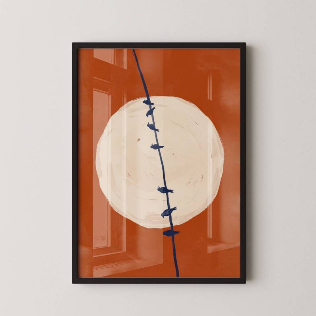 Quadro Decorativo Arte Minimalista Pássaros no Fio Com Moldura