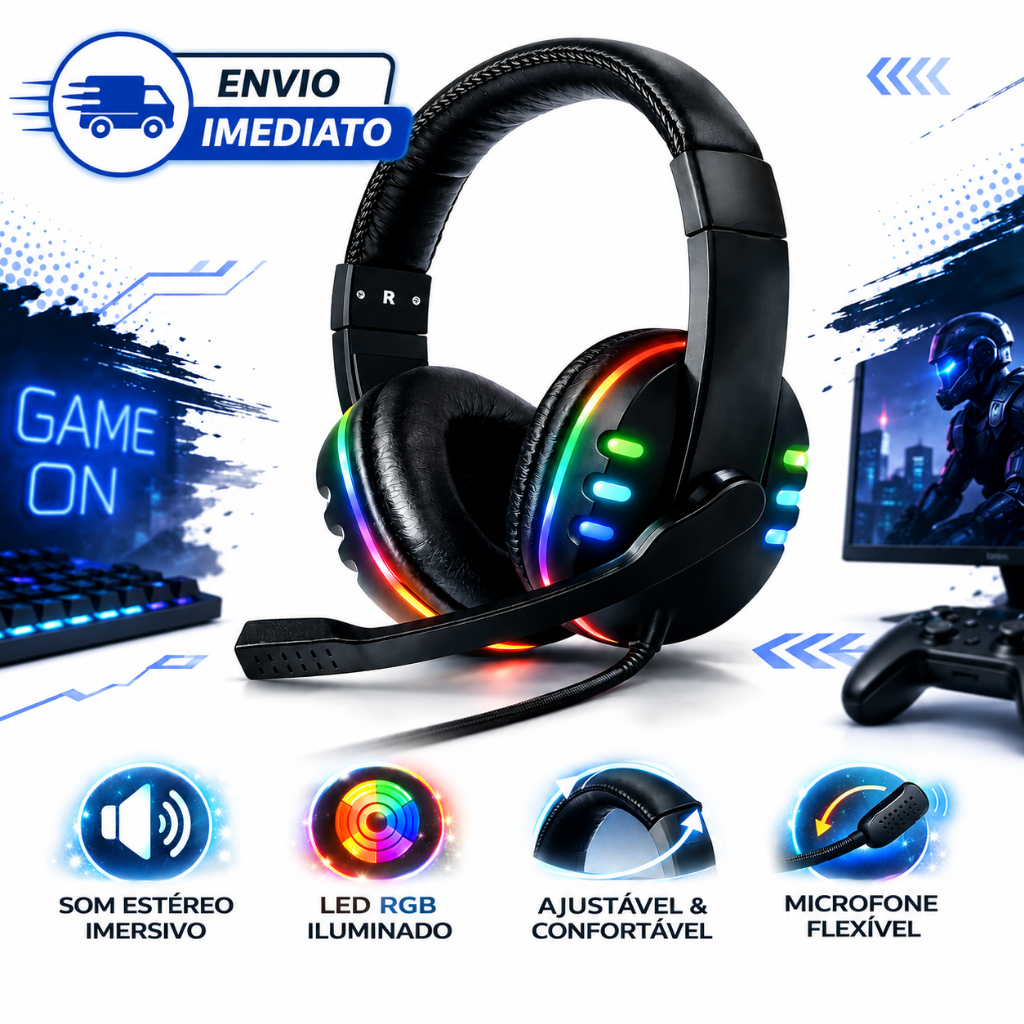 Fone De Ouvido Gamer Headset Com Microfone Led RGB Para Pc Xbox PS4 PS5 Computador Free Fire  CS GO