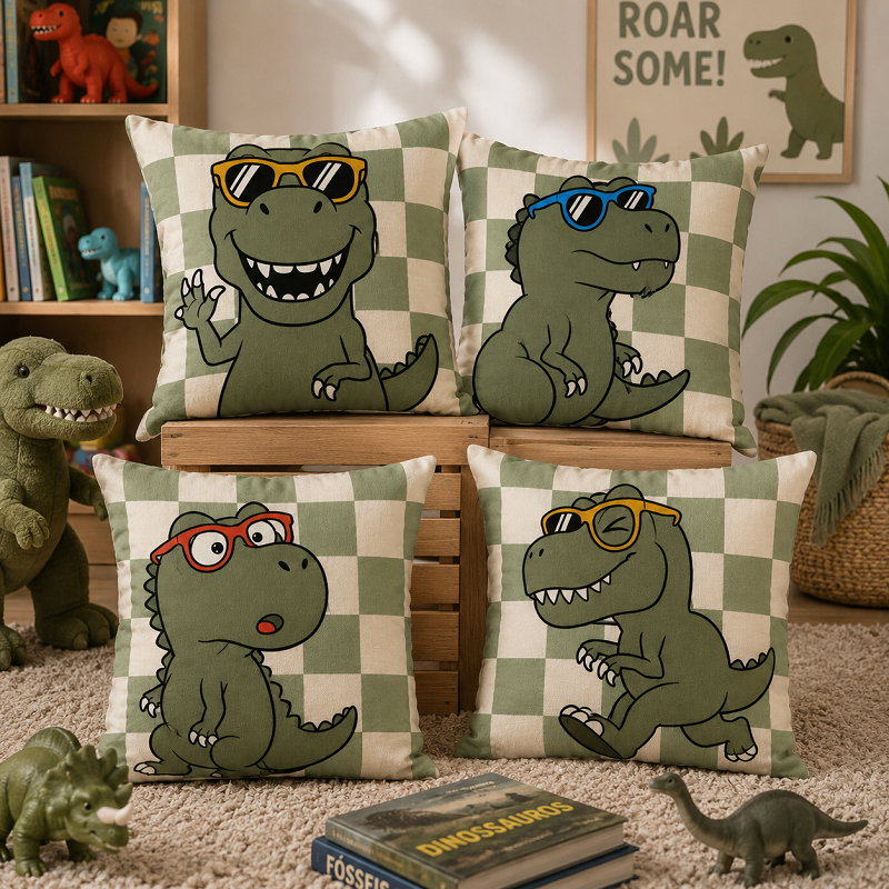KIT 4 CAPAS DE ALMOFADAS DINOSSAURO TIRANOSSAURO REX T REX    TAMANHO 45X45