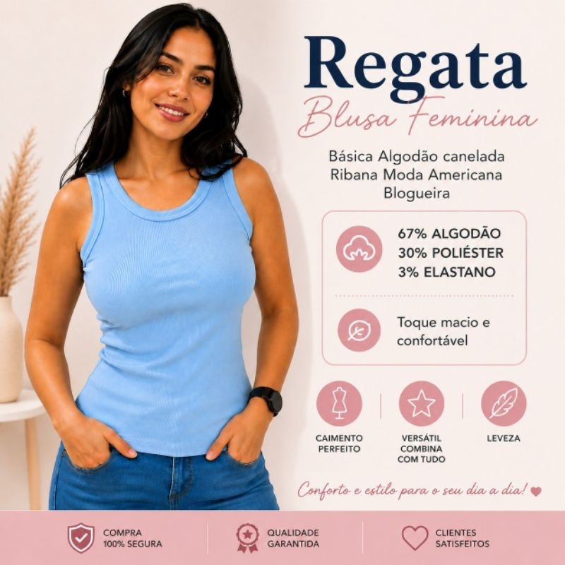 Regata Feminina Canelada Algodão Elastano Ribana Blusinha Básica Estilosa
