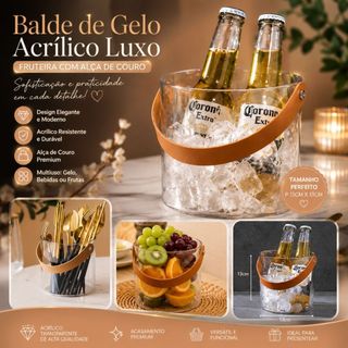 Balde De Gelo Acrílico Transparente Luxo Fruteira Com Alça De Couro P 13cmx13cm