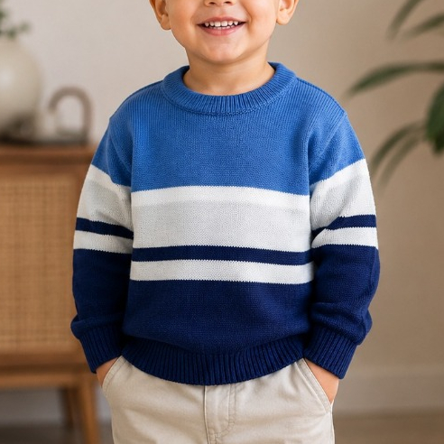 Suéter Infantil Masculino em Tricô Listrado Azul | Blusa de Inverno Menino