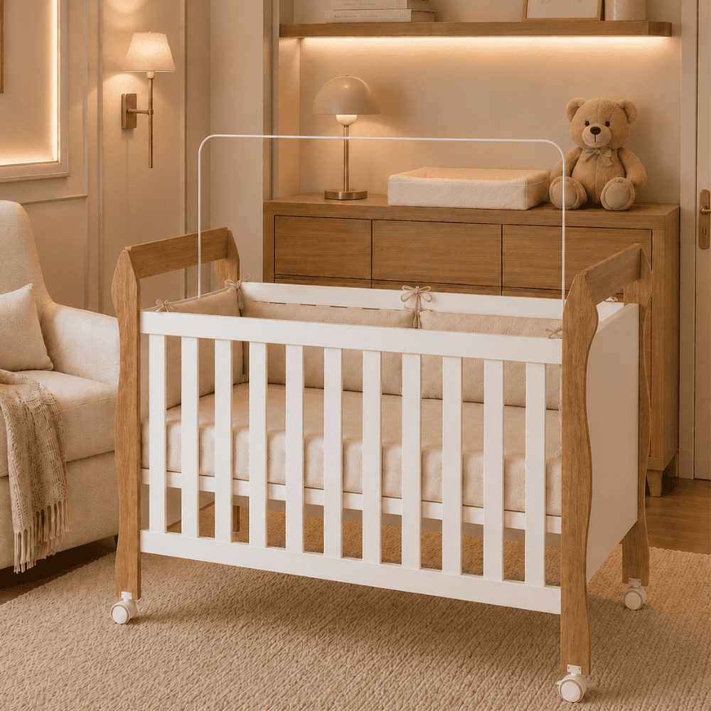 Berço Americano Soninho Branco/Amadeirado Vira Mini Cama Com Rodízios Moderno Compacto Infantil Colchão Incluso - AV