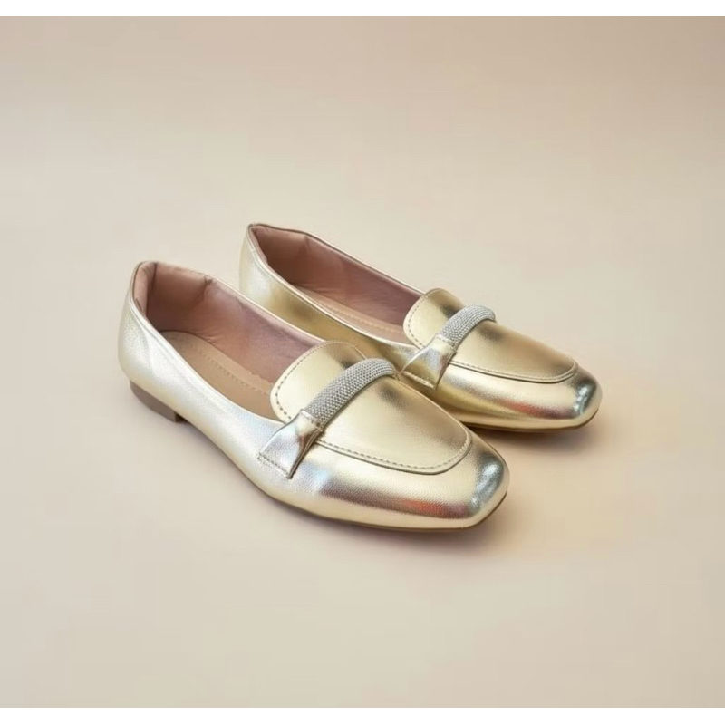 Sapatilha Feminina Confortável Luxo Elegante Mocassim Sapato Feminino Bico Quadrado Prata Strass