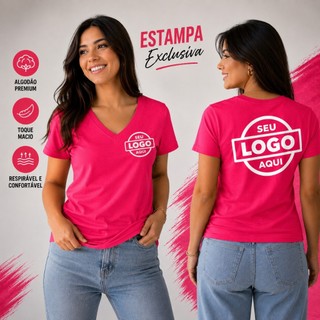 Camiseta Baby Look Feminina Personalizada Sua Logo 100% Algodão Gola V Uniforme Empresa Reforço Ombro a Ombro P ao XG