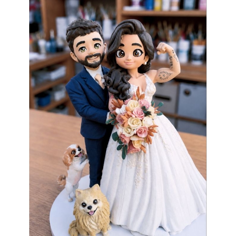 Topo de Bolo Casamento Noivinhos Personalizados Fitness com Pets Impressão 3d