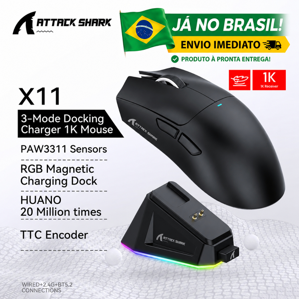 Mouse Gamer Sem Fio Attack Shark X11 - 22000 Dpi - Tri-mode Com Dock Magnético, RGB, Branco/Preto - Software de Controle