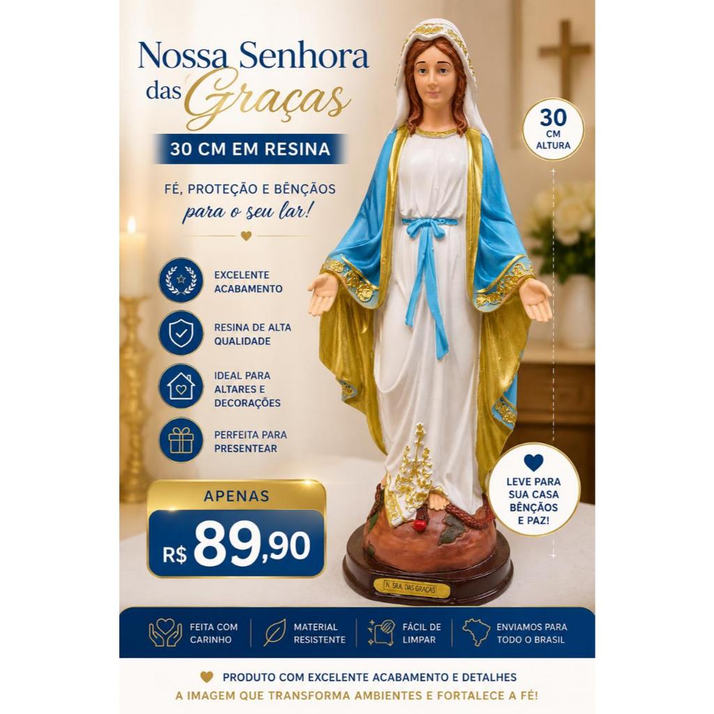 Nossa Senhora das Graças 30 cm em Resina Imagem Católica Decorativa Excelente Acabamento Presente Religioso