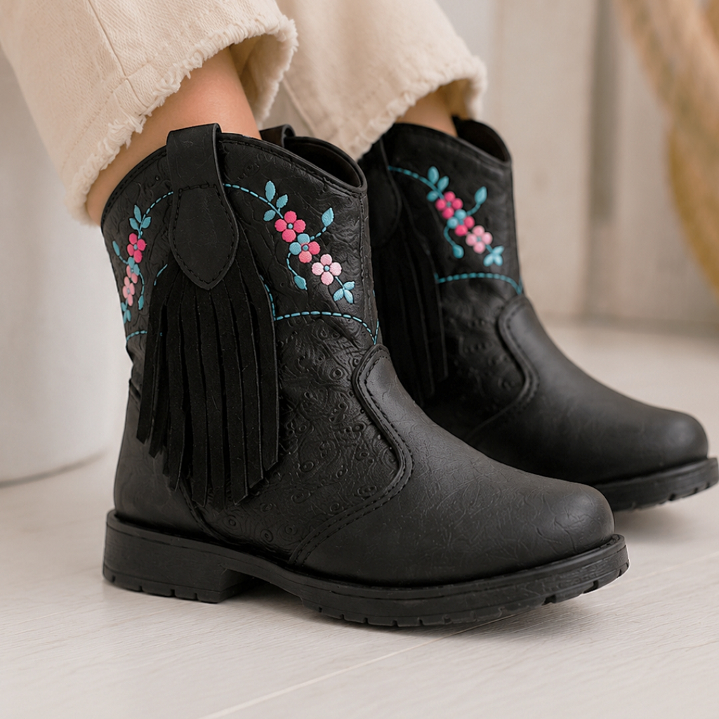 Bota Infantil Menina Country Preta Bordado Floral Com Franja Babado Boiadeira 22