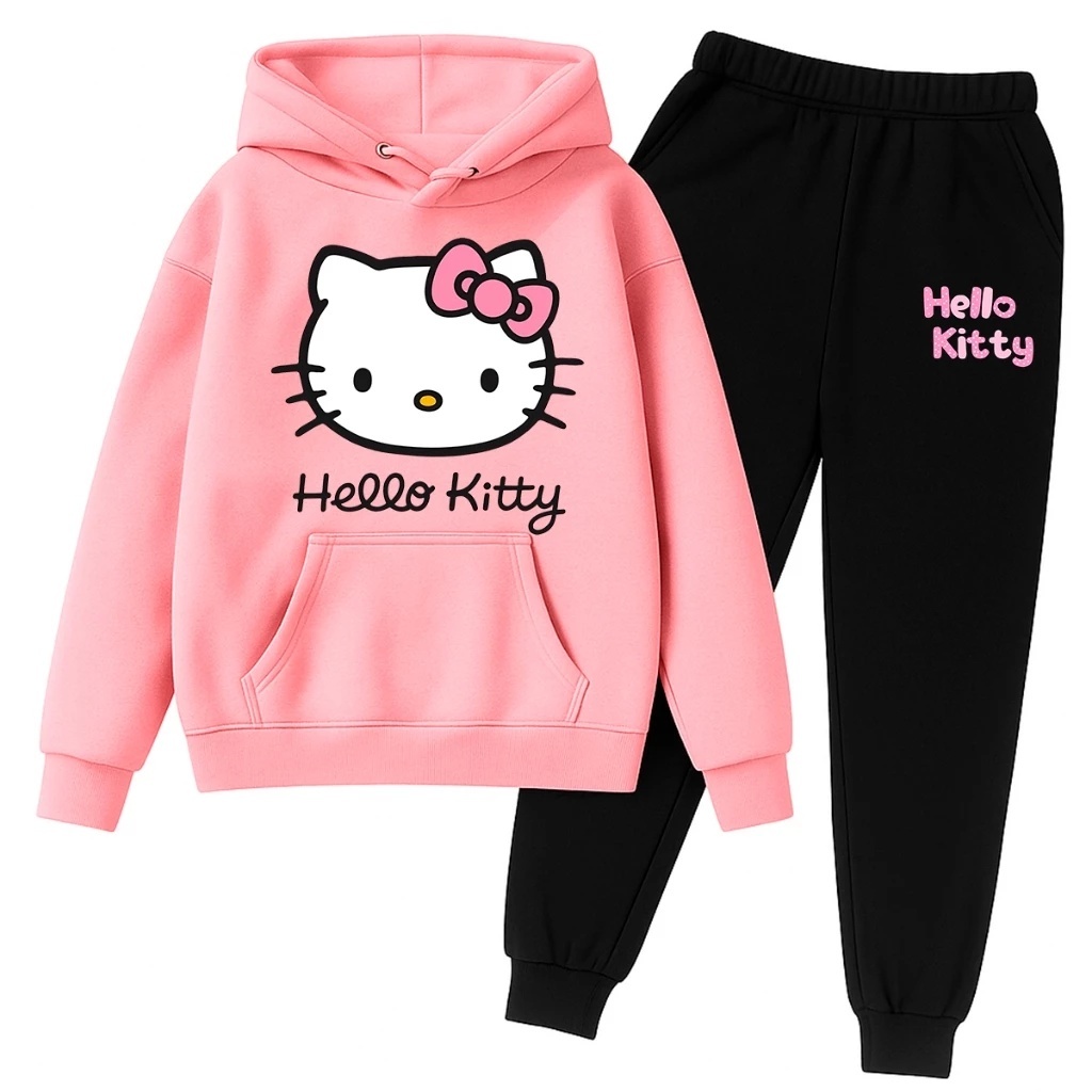 Conjunto Moletom Infantil Blusa e Calça HK Desenho Gatinha Rosa Kawaii Menina Inverno 100% Algodão