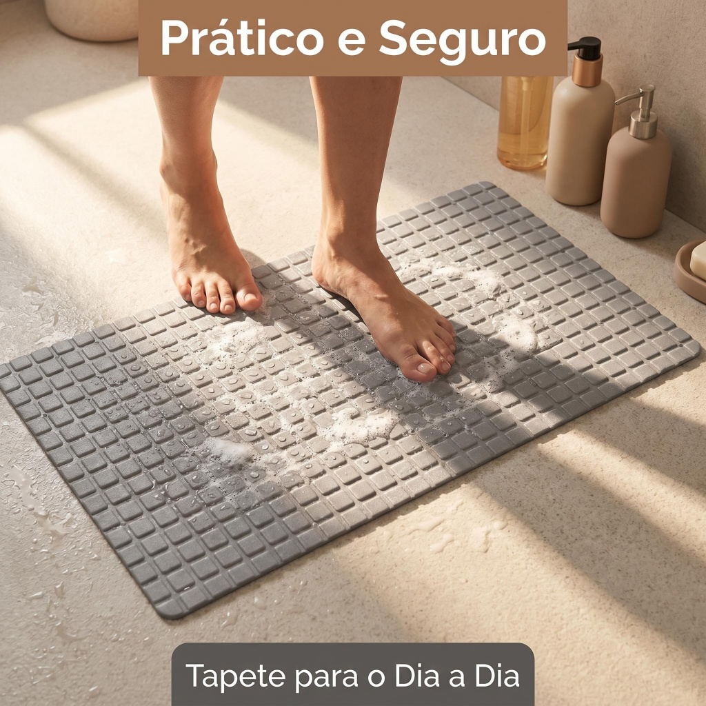 Tapete Antiderrapante Banho 71x39cm Cinza/Bege Uso Cotidiano