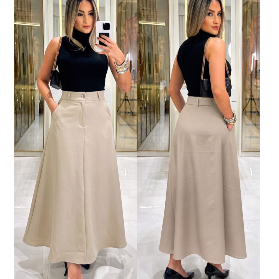 Saia Longa Feminino Tecido Alfaiataria Luxo com zíper e botão na frente