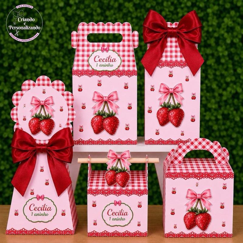 Kit Personalizados caixas Festa decoração Morango |Vermelho| Rosa |Caixinha Aniversário Lembrancinha Pegue e Monte