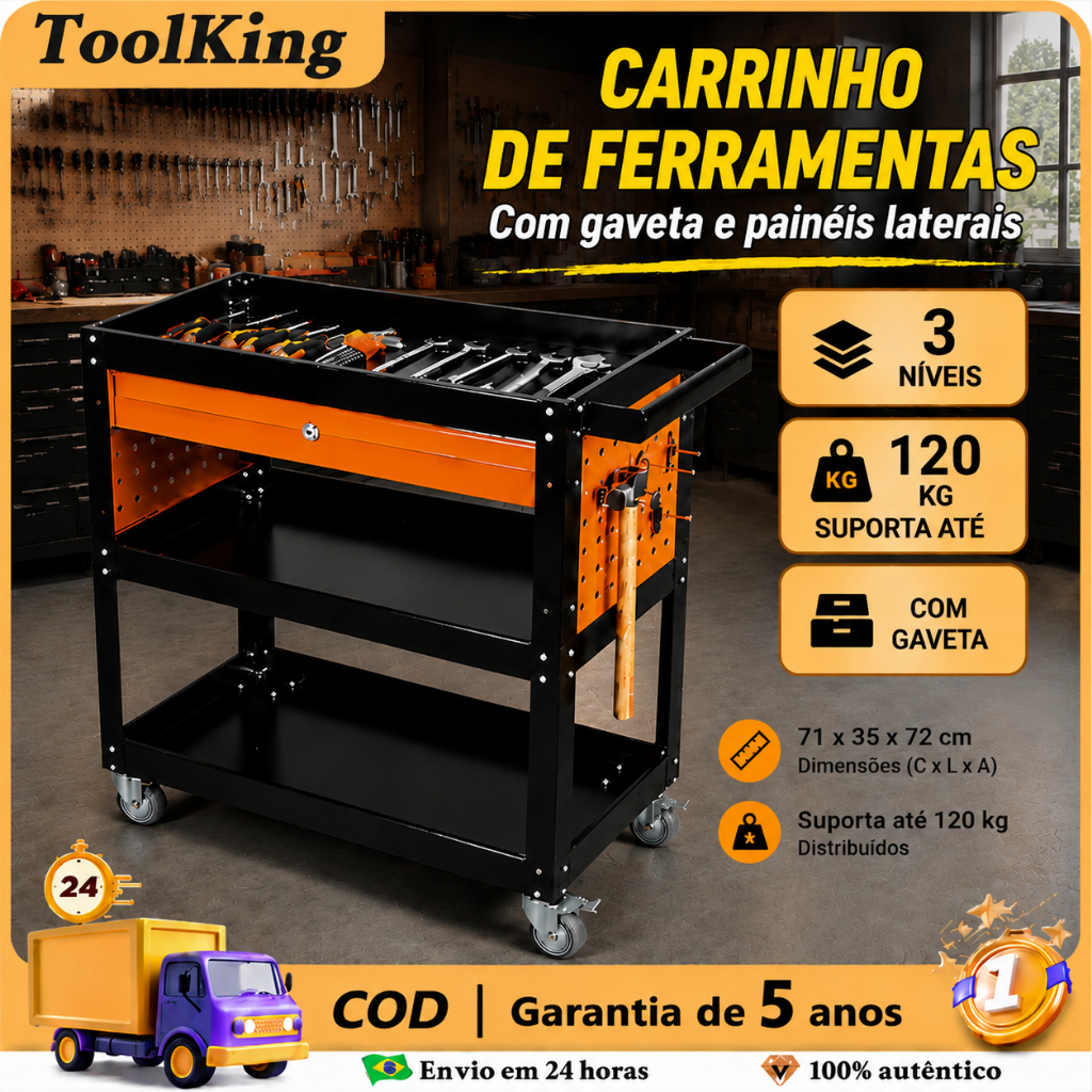 Carrinho Para Ferramentas 4 Rodas Suporta 120Kg Aço Carrinho para Ferramentas Profissional Gavetas Em Ambos Os Lados