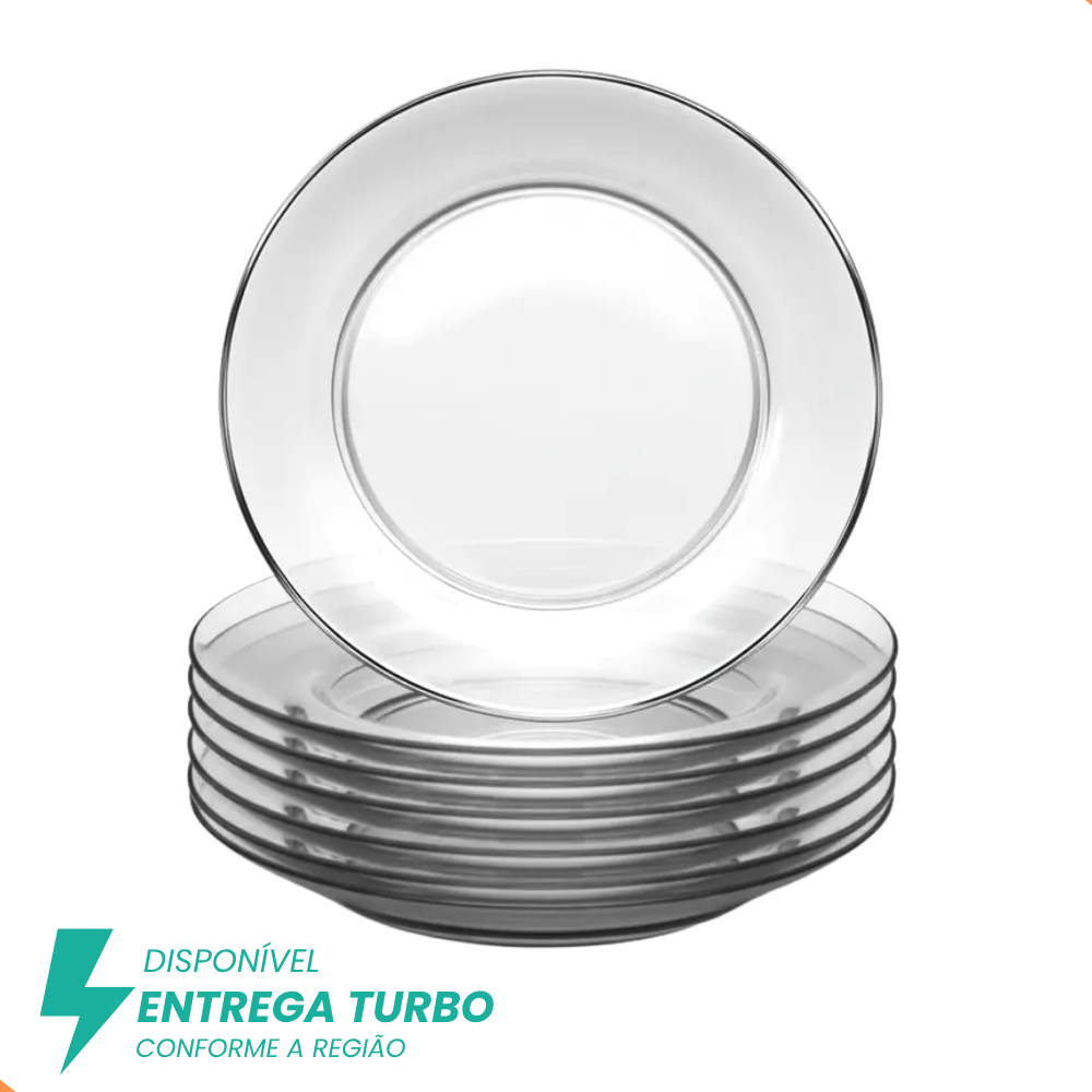 Kit 6 Pratos Fundos de Vidro 22cm Design Liso