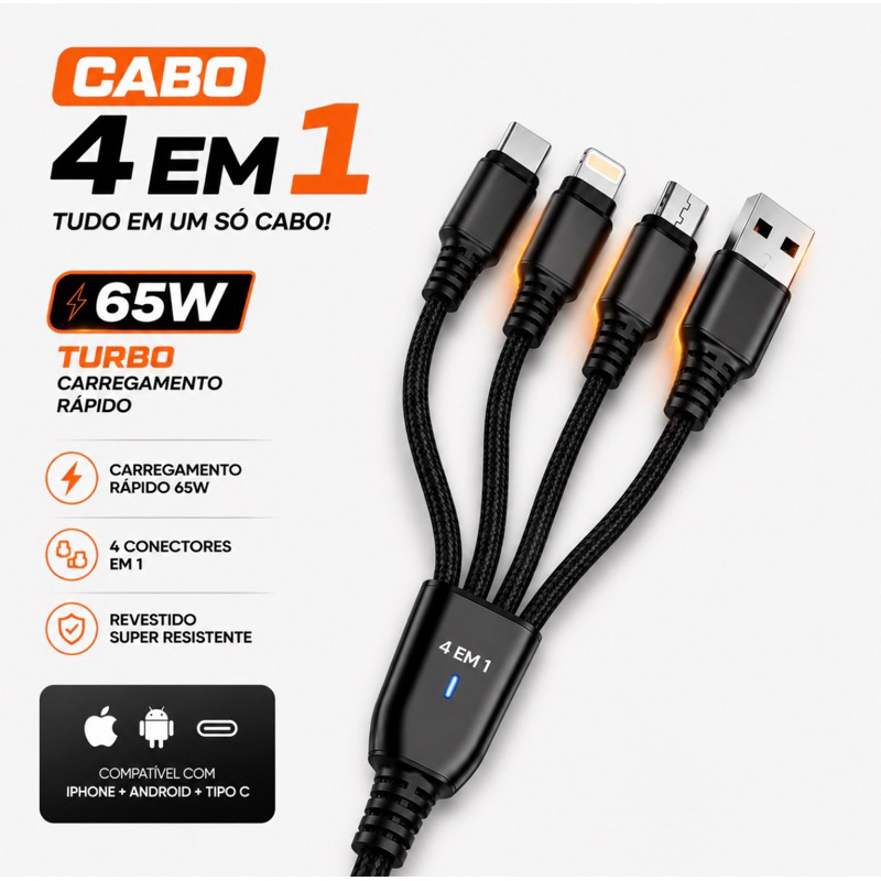 Cabo 4 em 1 Super Resistente 65W Carregamento Rápido iPhone e Android