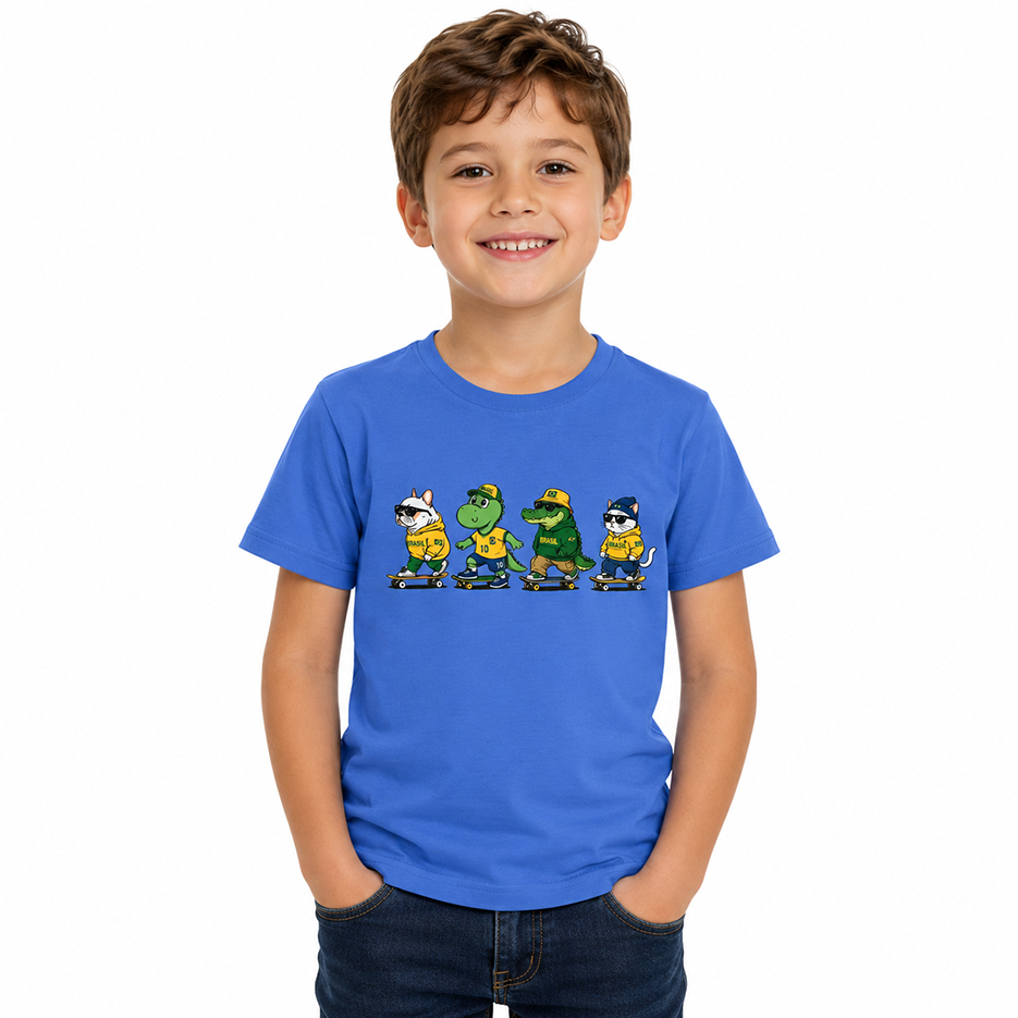 Camiseta Infantil Unissex 100% Algodão - Conforto, Estilo, Animais, copa do Mundo, Brasil - Mini Sauro