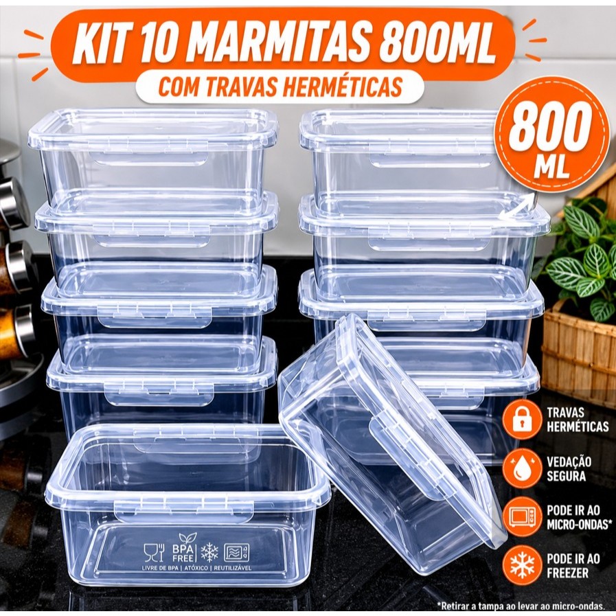 Kit Ate 10 Marmitas Potes 800ml Travas Laterais hermeticas - Livres de BPA Alimentos organiza congelador