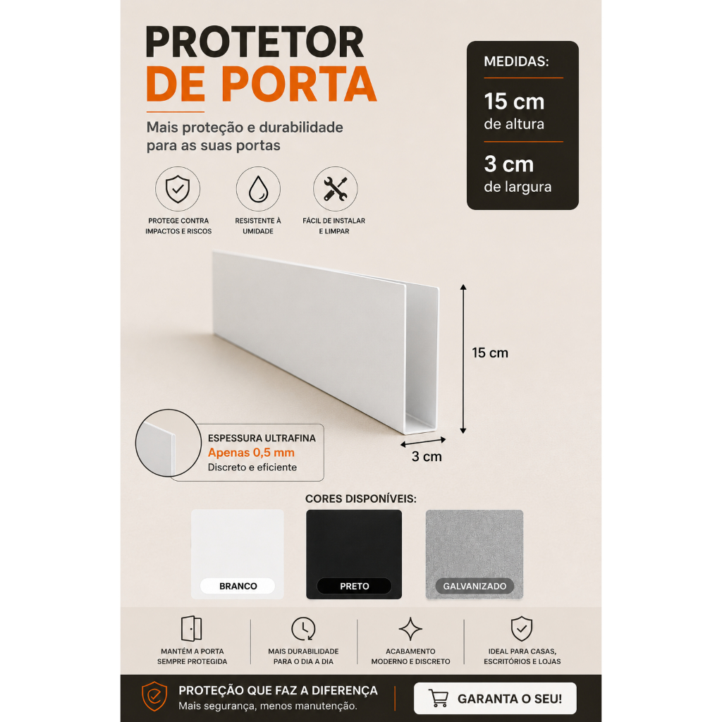Protetor Salva Porta 3x15cm Branco/Preto/Galvanizado Pintura Eletrostática