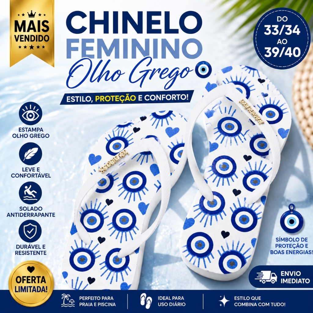 Chinelo Feminino Olho Grego Estampado Confortável Leve Macio Antiderrapante Praia Casual Promoção Tamanho 33 ao 40