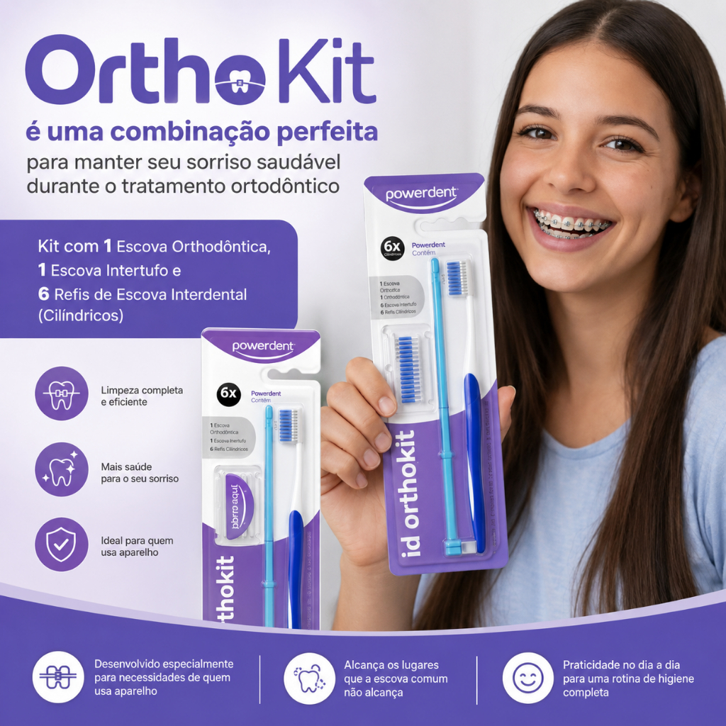 Kit Aparelho Ortodôntico Escova + Unitufo + 6 Refil Interdental Cilíndrico 3mm Powerdent