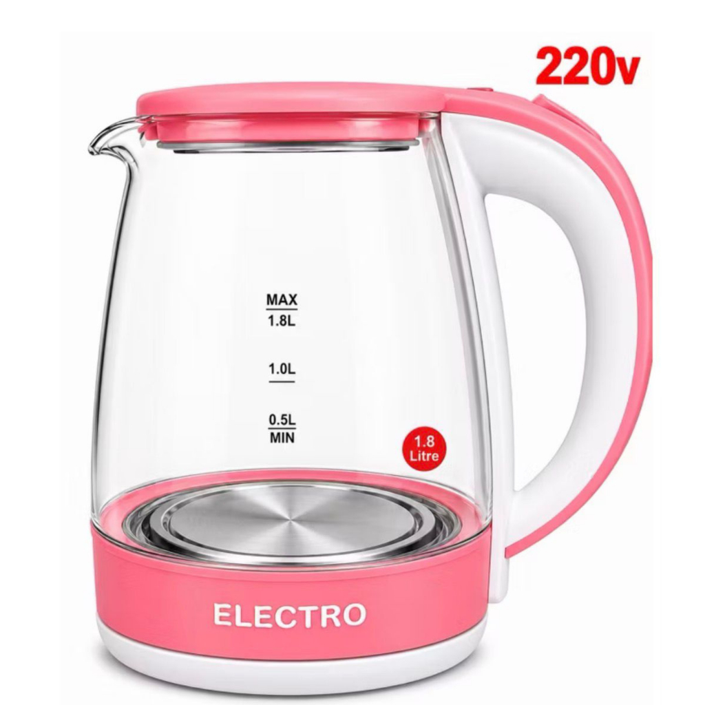 Chaleira Elétrica de Vidro, Jarra Eletrica 1,8L 220V Rosa 1500W Base 360° Desligamento Automático Aquecimento Rápido
