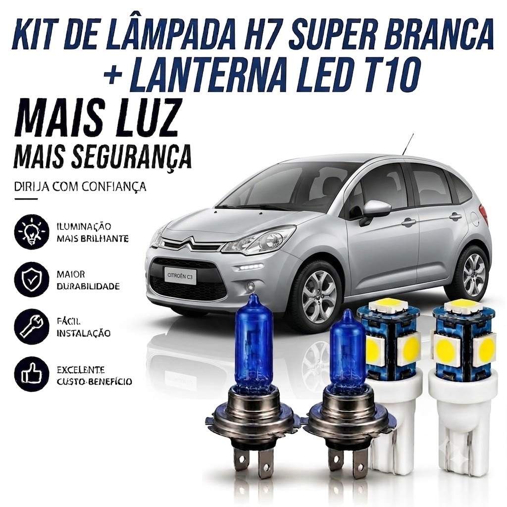 Lâmpada farol BAIXO SUPER BRANCA +LED LANTERNA CITROEN C3 2003 ATÉ 2012