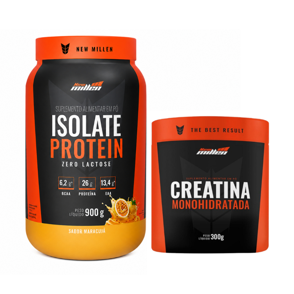 Kit Whey Isolado New Millen Isolate Protein 900g + Creatina 100% Pura 300g New Millen
