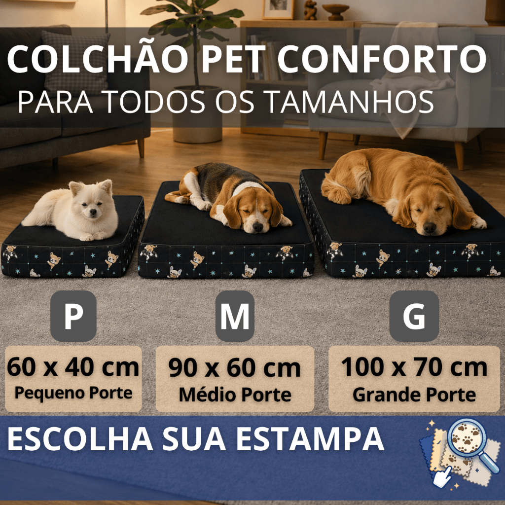 Colchão Pet Ortopédico D18 Estampa Pets Preto com Tampo Preto Impermeável para Cães e Gatos Tamanhos Personalizados