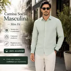 Camisa Social Masculina Manga Longa Slim - Com Trama de Linho Premium