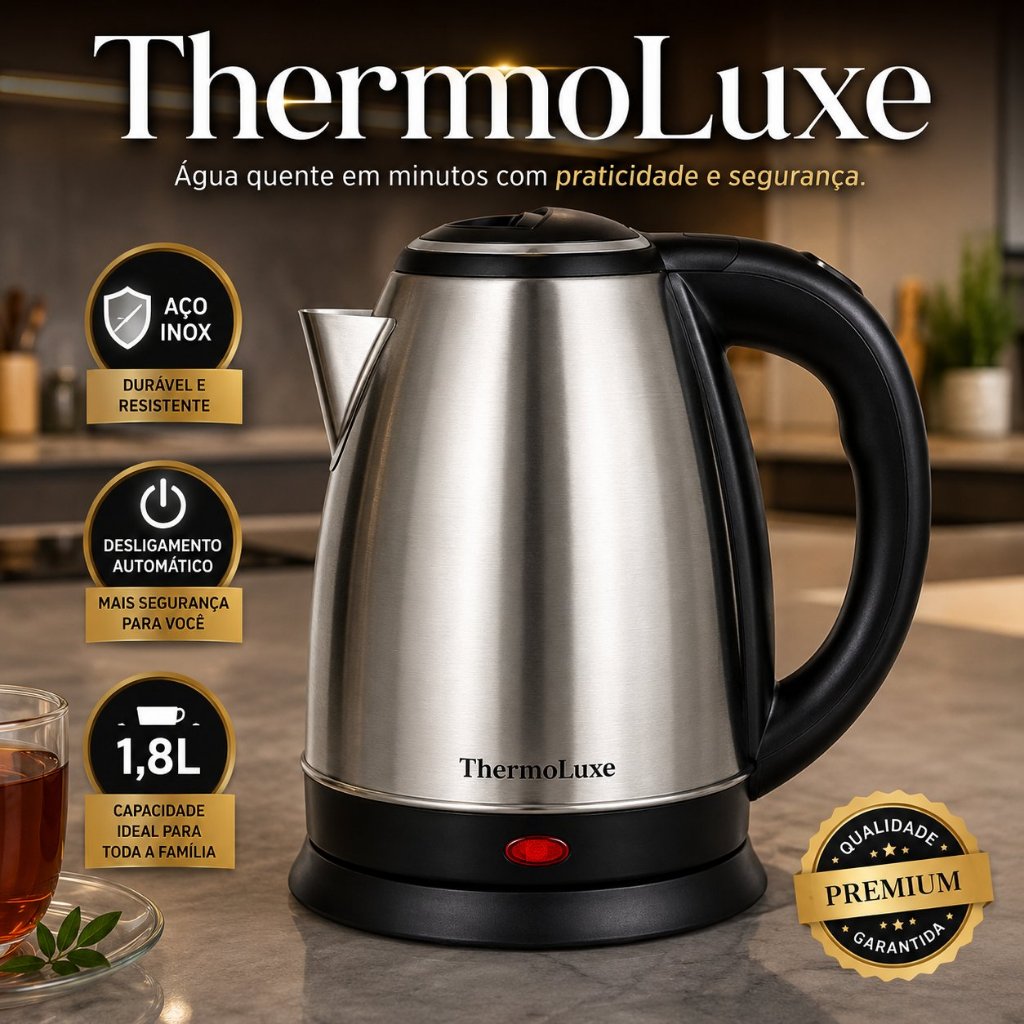 Chaleira Elétrica Inox ThermoLuxe 1,8L 1000W 127V Base 360° Desligamento Automático Aquecimento Rápido