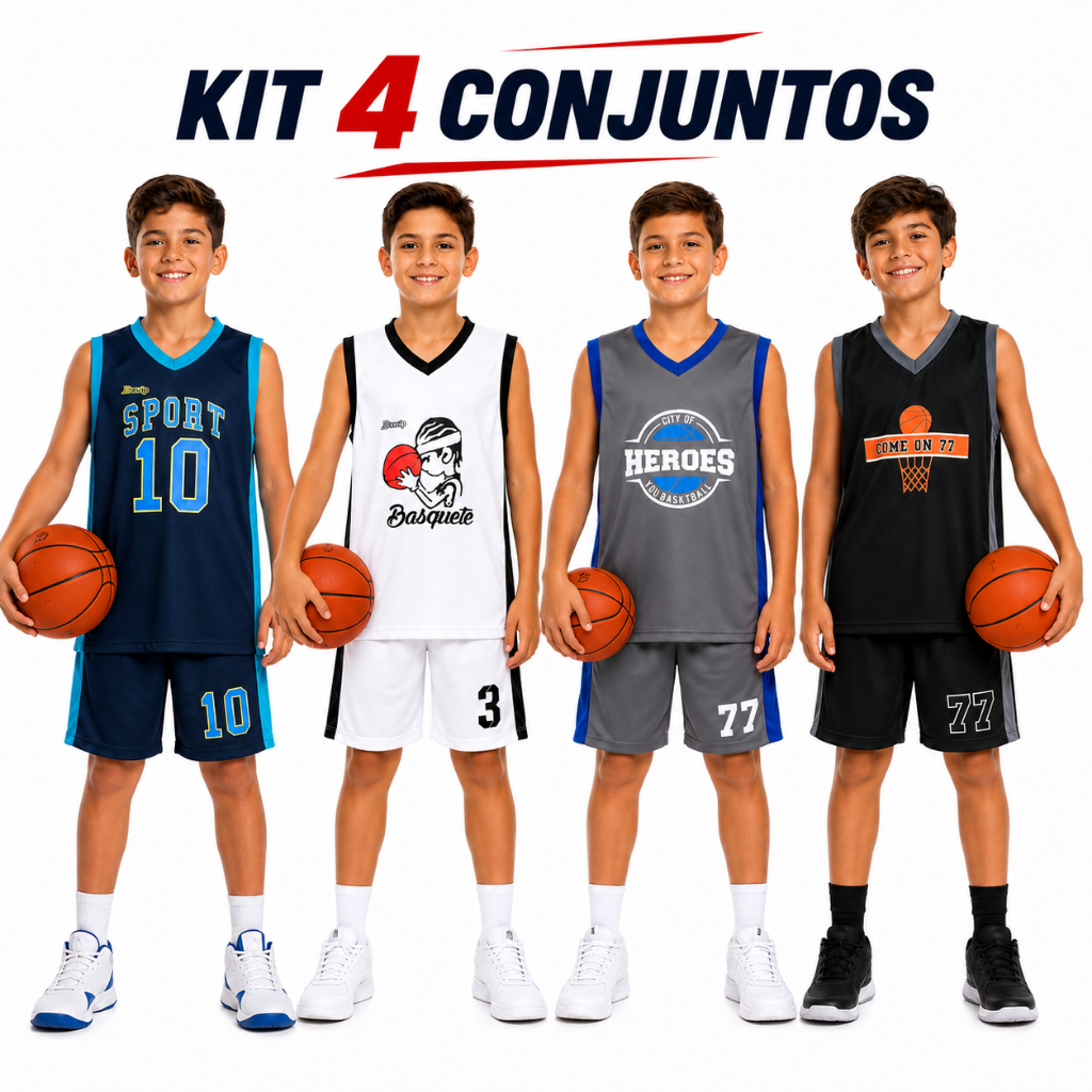 Kit 4 Conjuntos Infantil Masculino Basquete Menino 4 Regatas 4 Shorts Roupa Esportiva