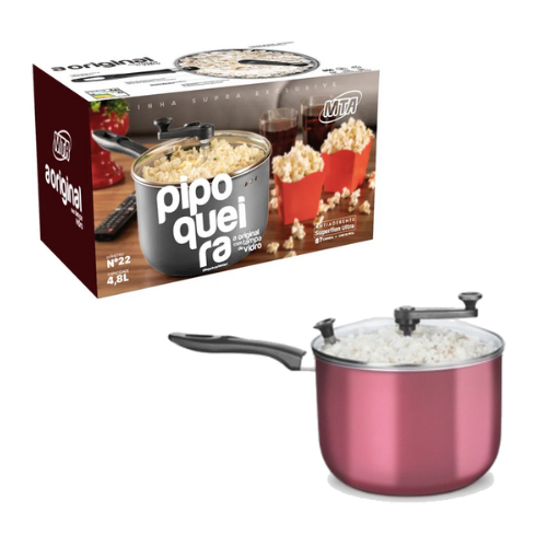 Pipoqueira Antiaderente Com Tampa de Vidro e Manivela 4,8 Litros Cereja Original - MTA