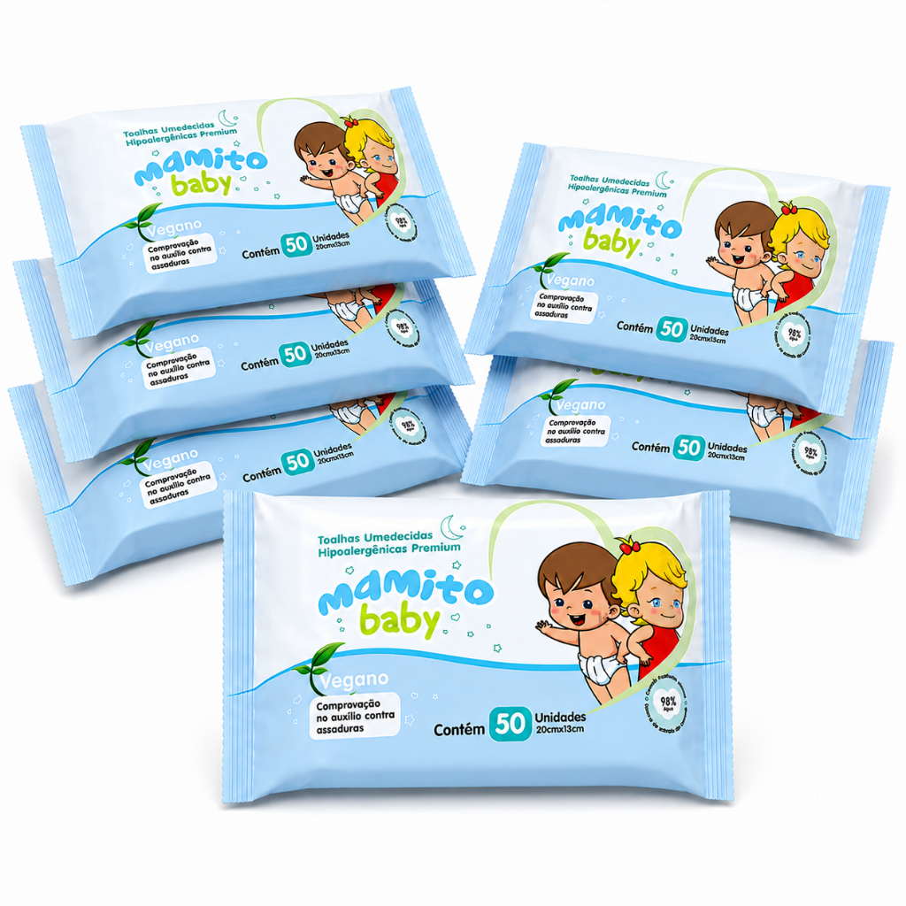 Kit 6 Pacotes Toalhas Umedecidas Mamito Baby 50 Folhas - 98% Água Vegano Hipoalergênico Lenço umedecido bebê 98% água
