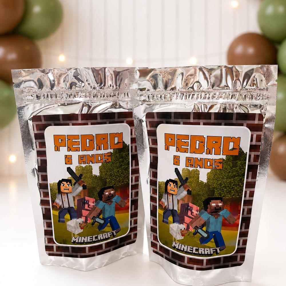 Saquinho Metalizado Ziplock Minecraft Personalizado /Lembrancinha de Festa /Aniversário