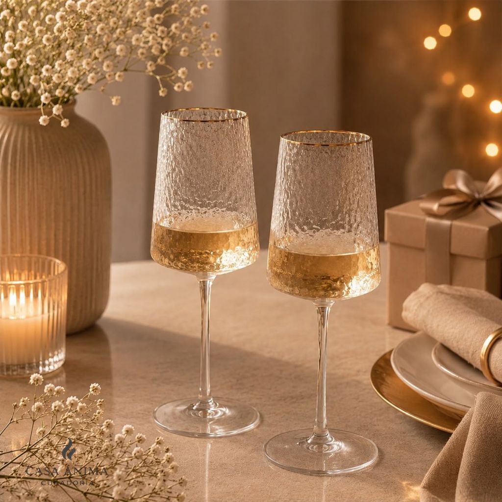 Jogo Taça Vinho de Cristal com Fio de Ouro 500ml Lyor Conjunto 2 Taças Taça Vinho Taça Festa Taça Cristal Taça Elegante
